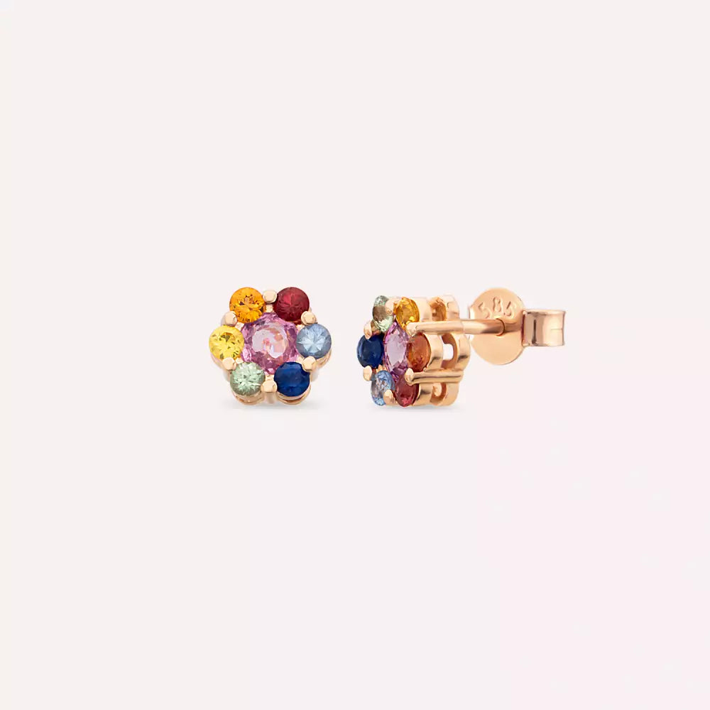 Flower Multicolor Safir Taşlı Rose Altın Küpe