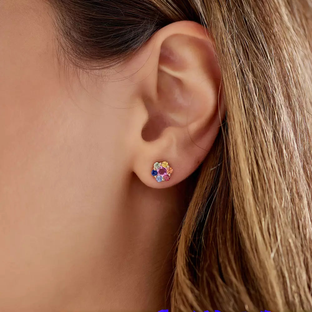 Flower Multicolor Safir Taşlı Rose Altın Küpe