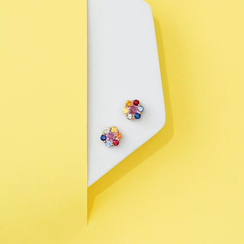 Flower Multicolor Safir Taşlı Rose Altın Küpe