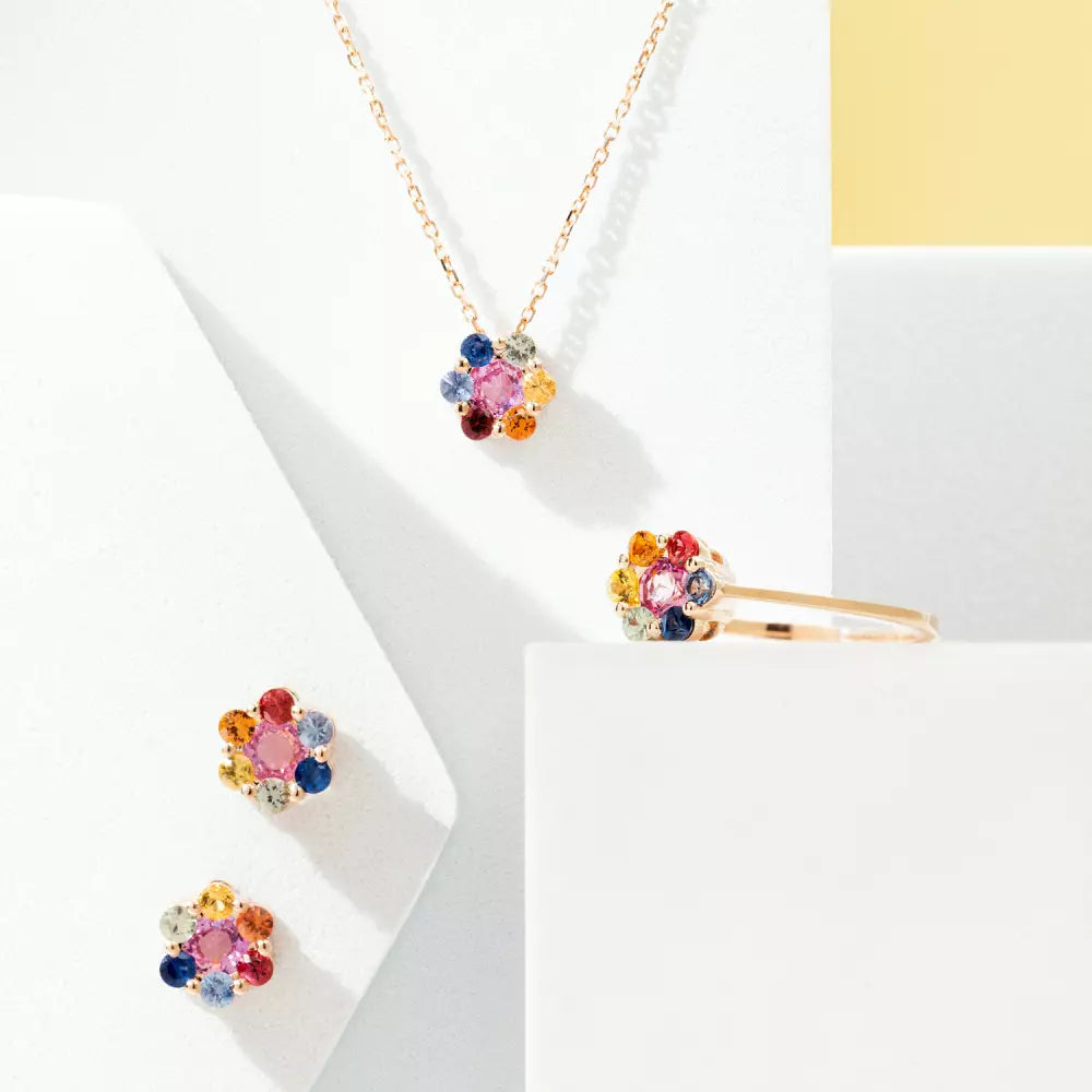 Flower Multicolor Safir Taşlı Rose Altın Yüzük