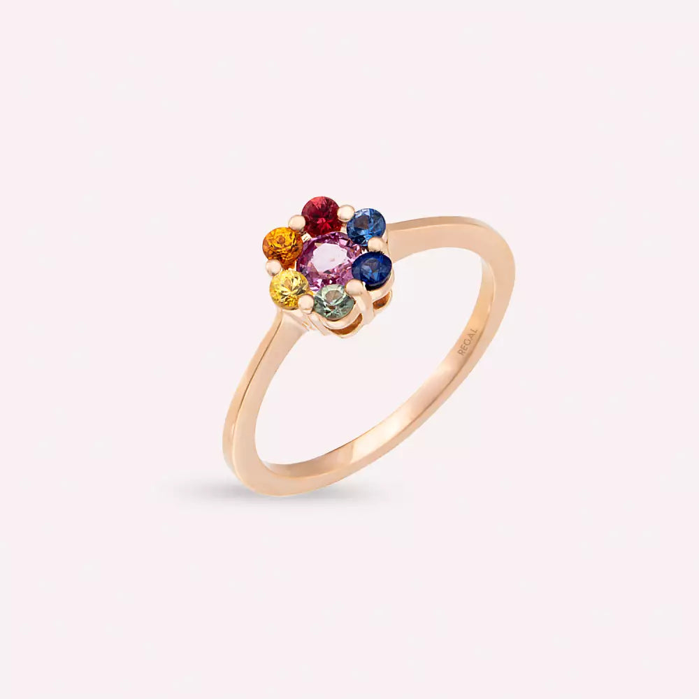 Flower Multicolor Safir Taşlı Rose Altın Yüzük