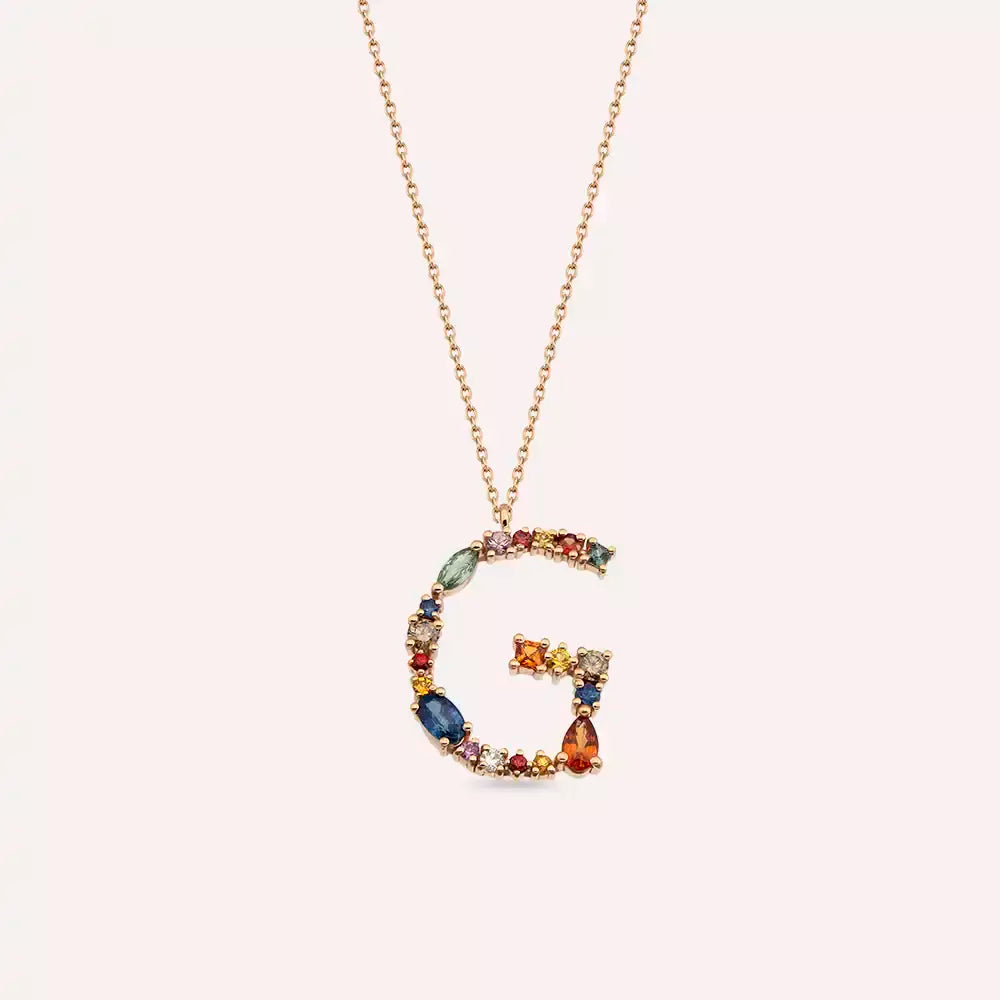 G Harf Multicolor Safir ve Brown Pırlanta Taşlı Rose Altın Kolye