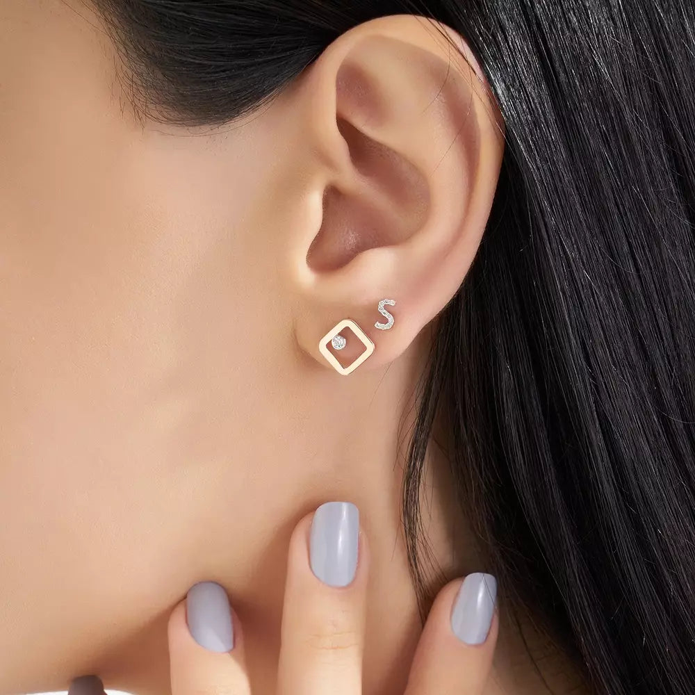 Grain Pırlanta Taşlı Rose Altın Tek Küpe