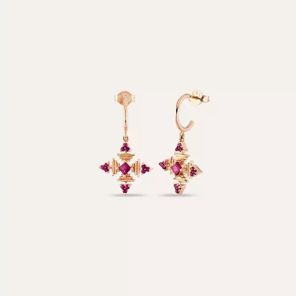 Quad Yakut Taşlı Rose Altın Küpe