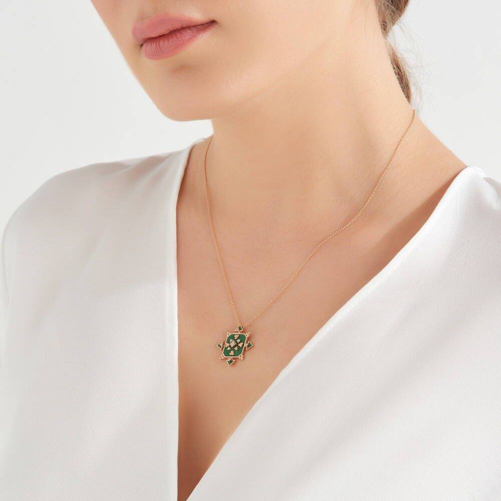 Hadar Pırlanta Taşlı ve Yeşil Mineli Rose Altın Kolye