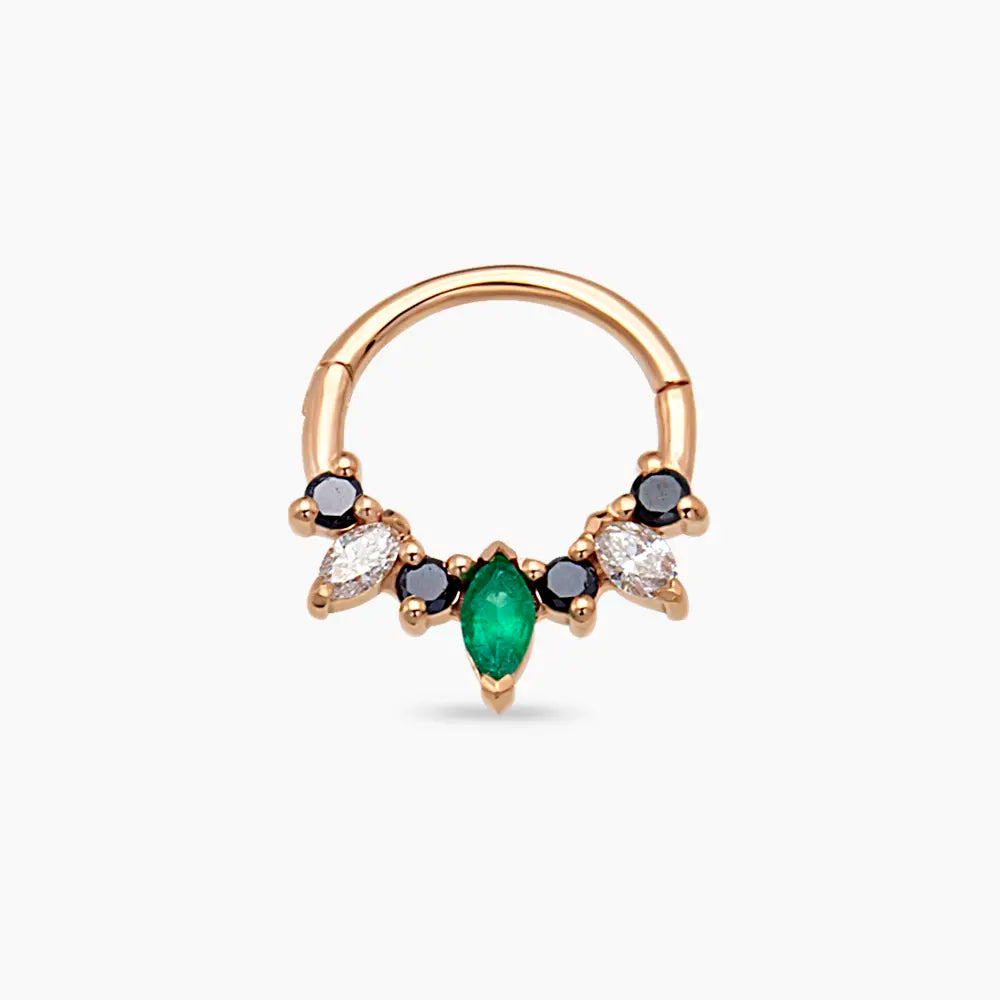 Hana Zümrüt ve Siyah Pırlanta Taşlı Rose Altın Halka Piercing