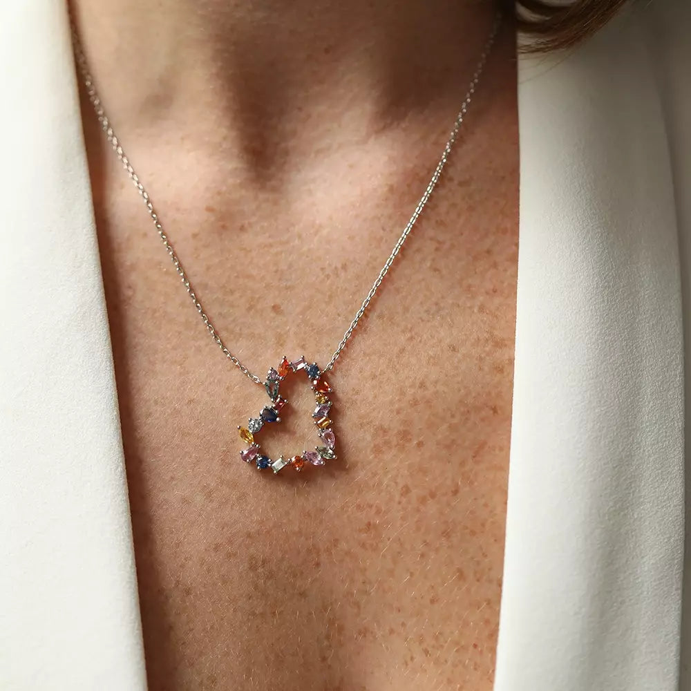Heart Mini 3.25 CT Multicolor Safir Taşlı Beyaz Altın Kolye