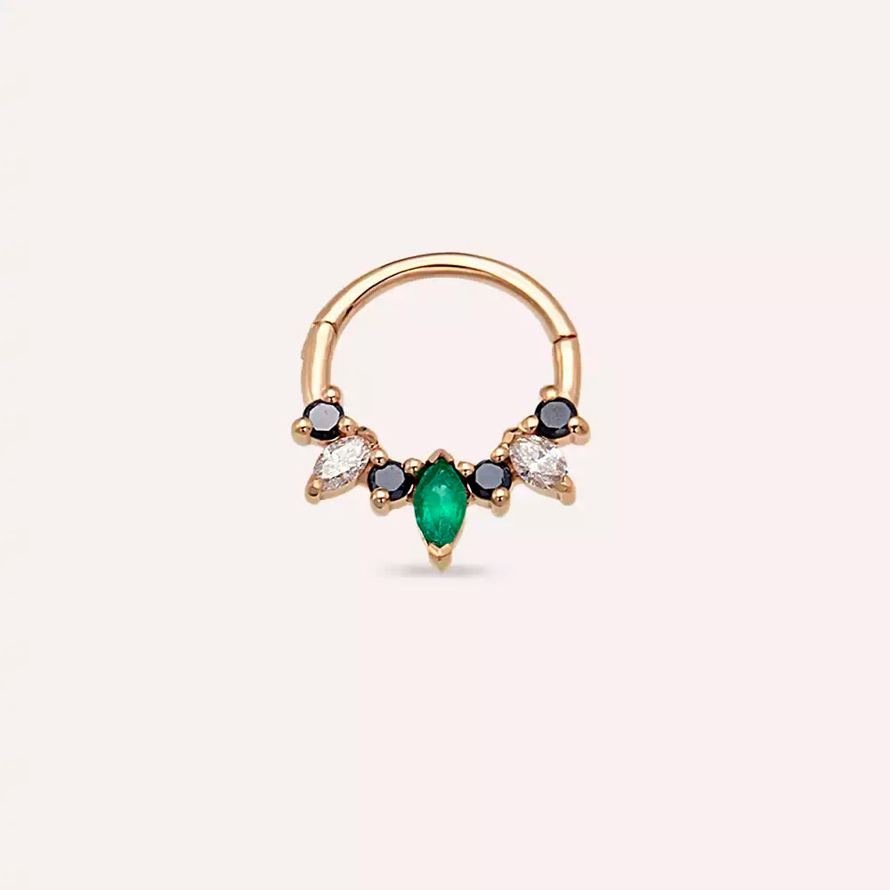 Henna Zümrüt ve Siyah Pırlanta Taşlı Rose Altın Halka Piercing