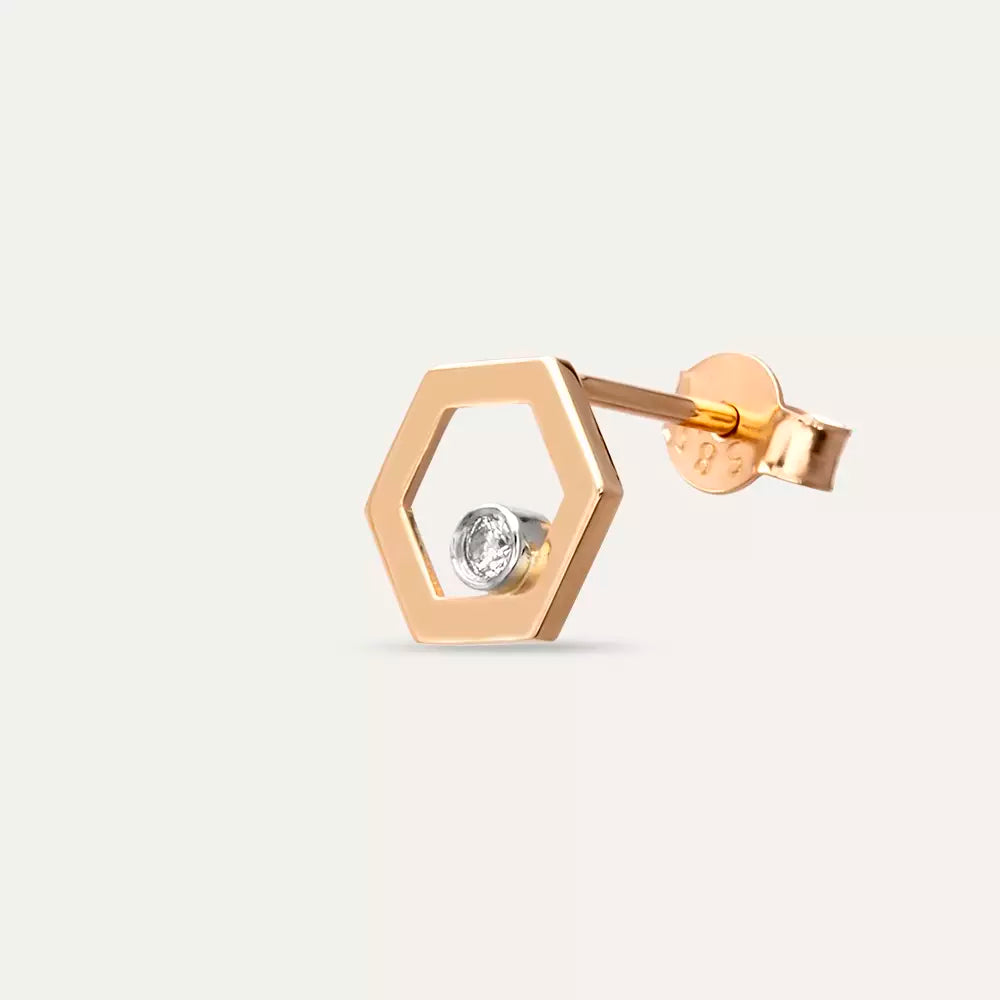 Hexa Pırlanta Taşlı Rose Altın Tek Küpe