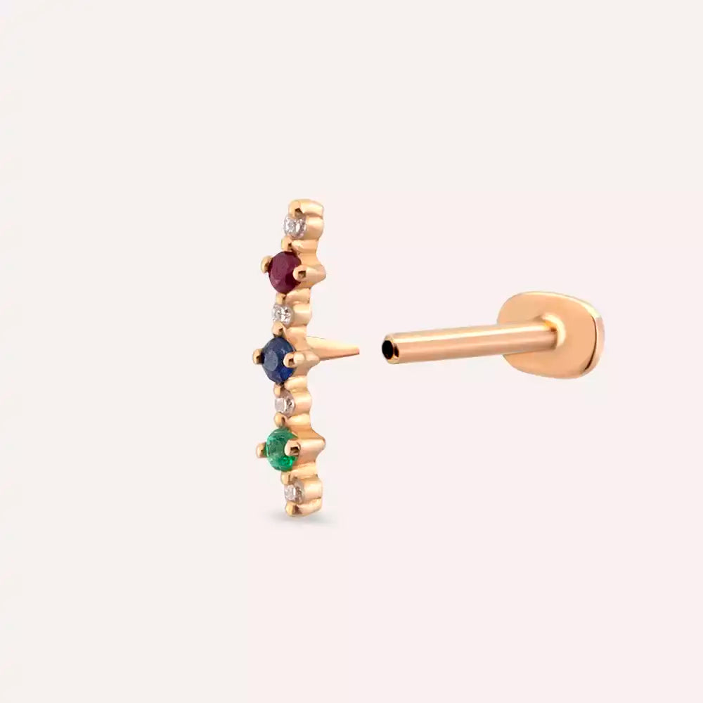Hued Pırlanta, Safir, Yakut ve Zümrüt Taşlı Rose Altın Piercing