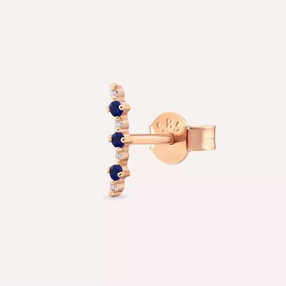Hued Safir ve Pırlanta Taşlı Rose Altın Tek Küpe
