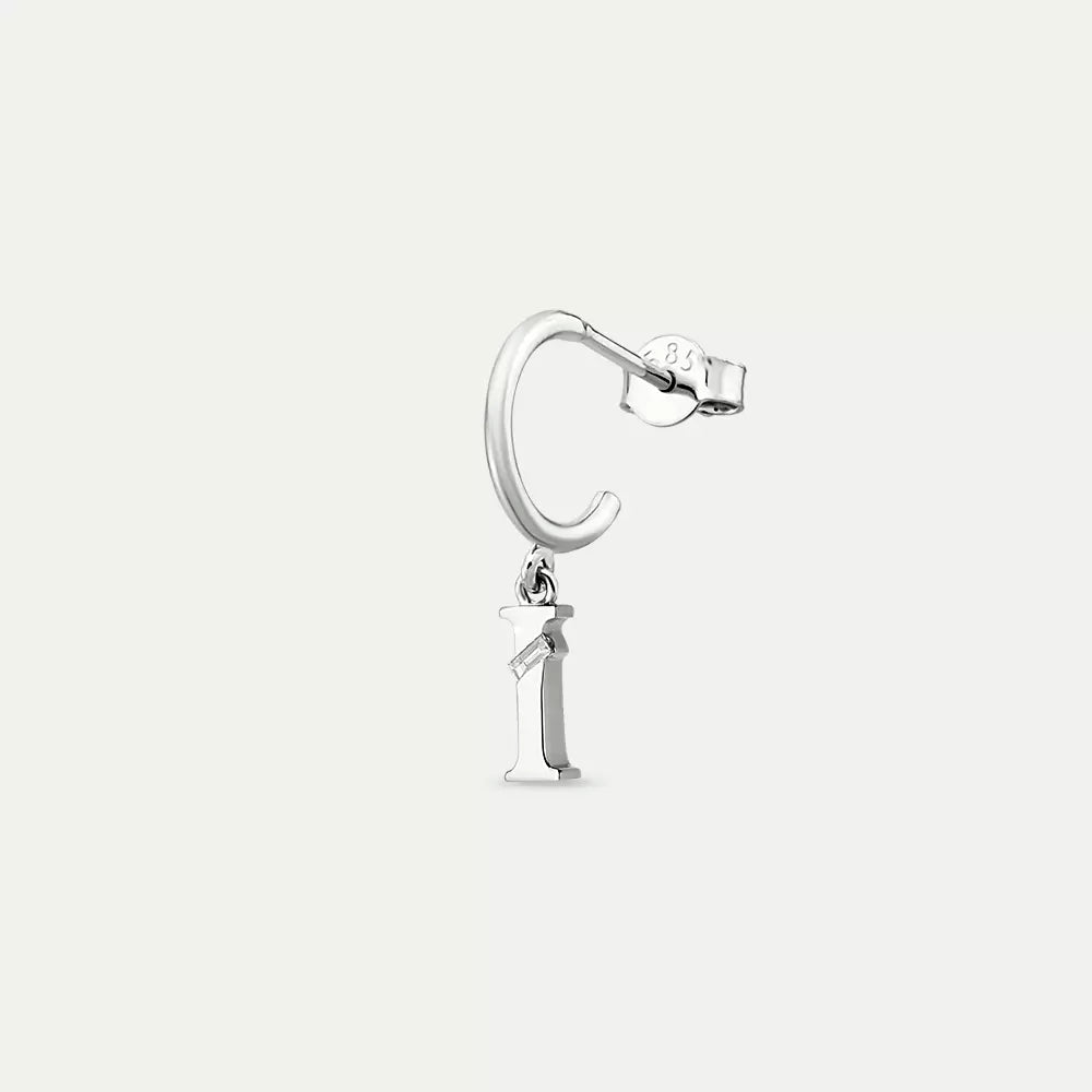 I Harf Pırlanta Taşlı Sallantılı Beyaz Altın Küpe