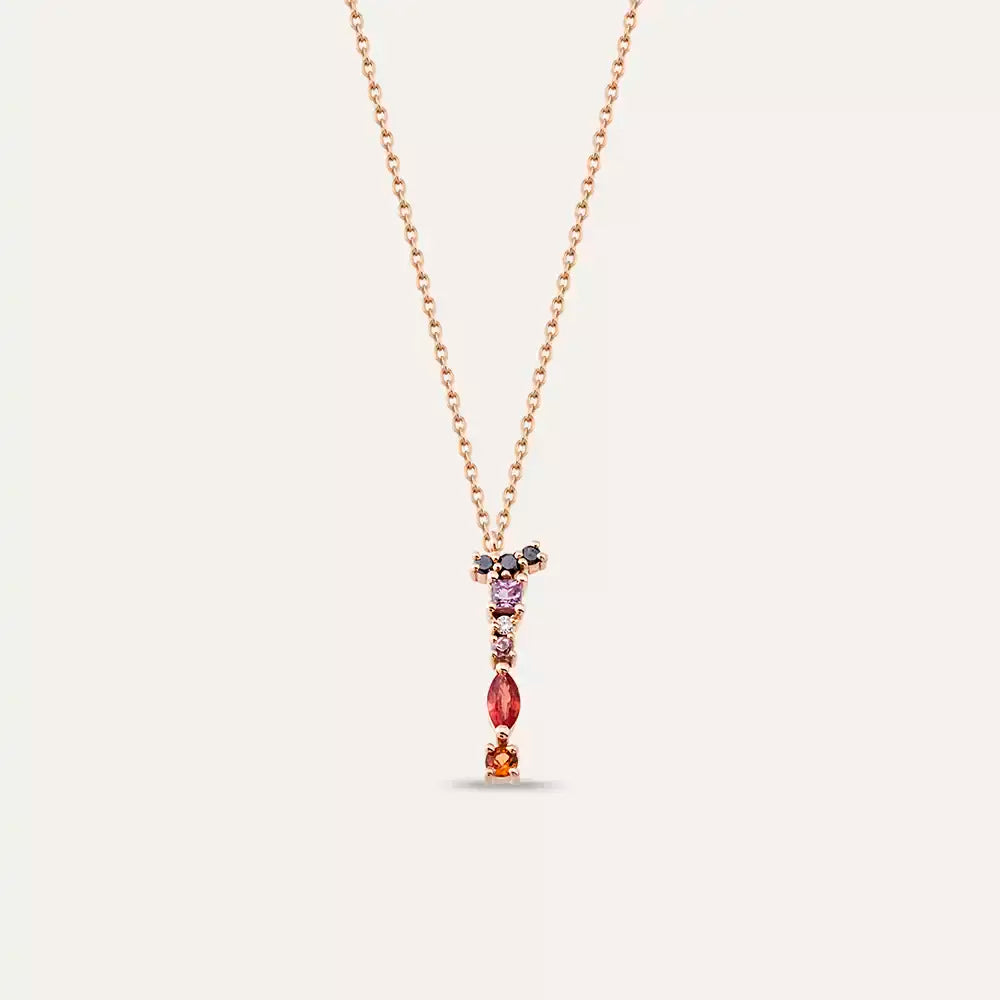 İ Harf Siyah Pırlanta ve Multicolor Safir Rose Altın Kolye