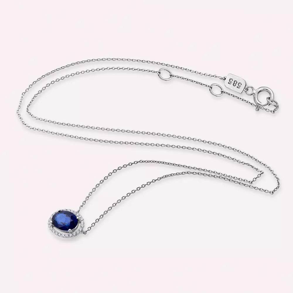 Jade Oval Kesim Safir ve Pırlanta Taşlı Beyaz Altın Kolye