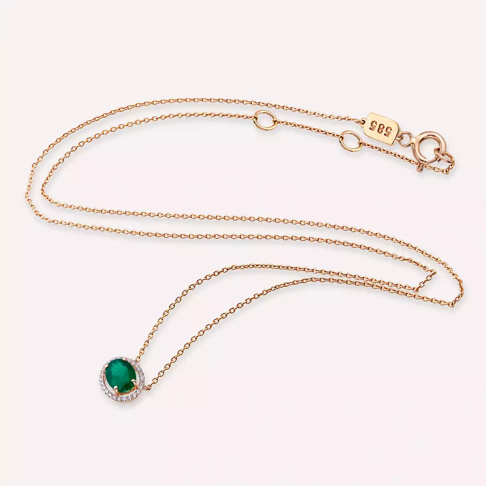 Jade Oval Kesim Zümrüt ve Pırlanta Taşlı Rose Altın Kolye
