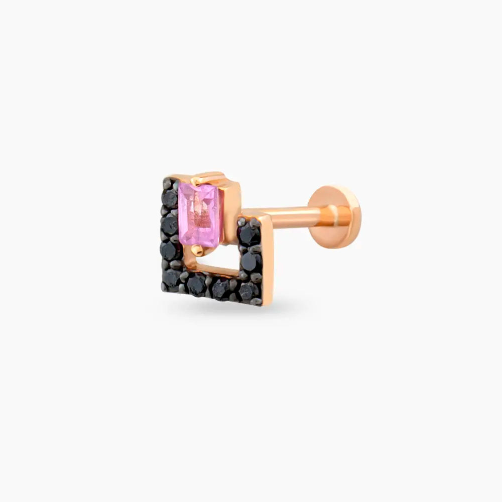 Jill Siyah Pırlanta ve Pink Safir Taşlı Rose Altın Piercing