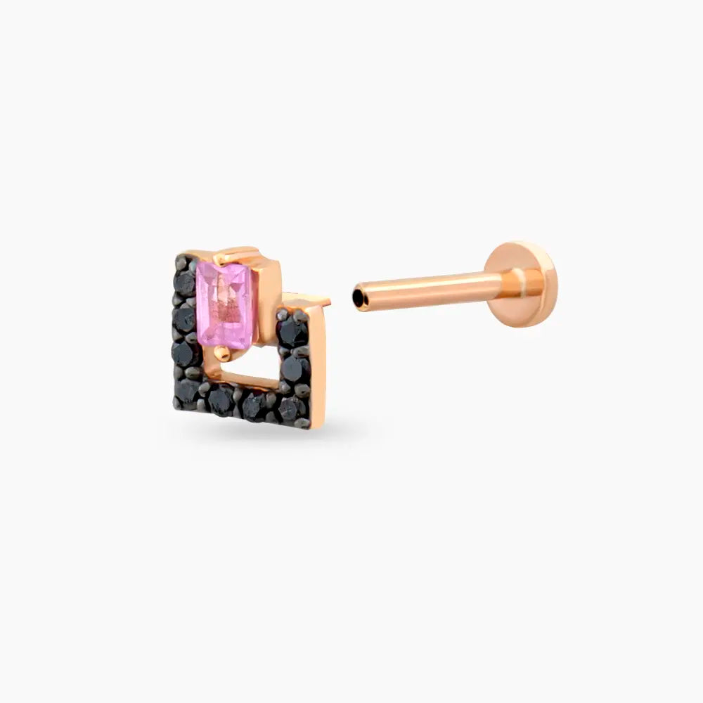 Jill Siyah Pırlanta ve Pink Safir Taşlı Rose Altın Piercing
