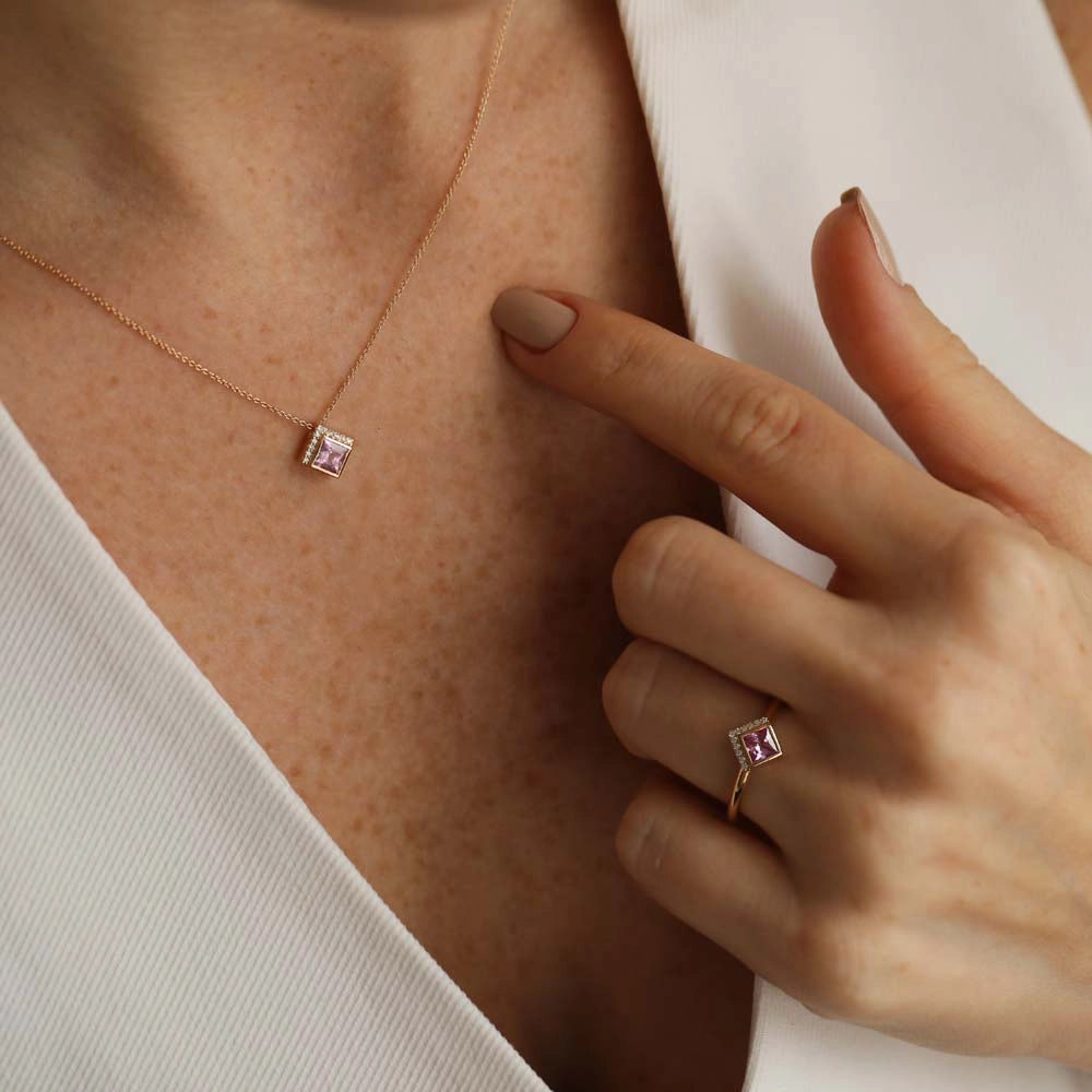 Jules 0.50 CT Pink Safir ve Pırlanta Taşlı Rose Altın Kolye