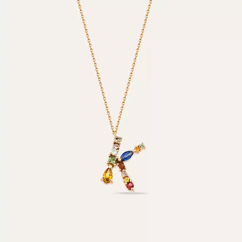 K Harf Brown Pırlanta ve Multicolor Safir Taşlı Rose Altın Kolye