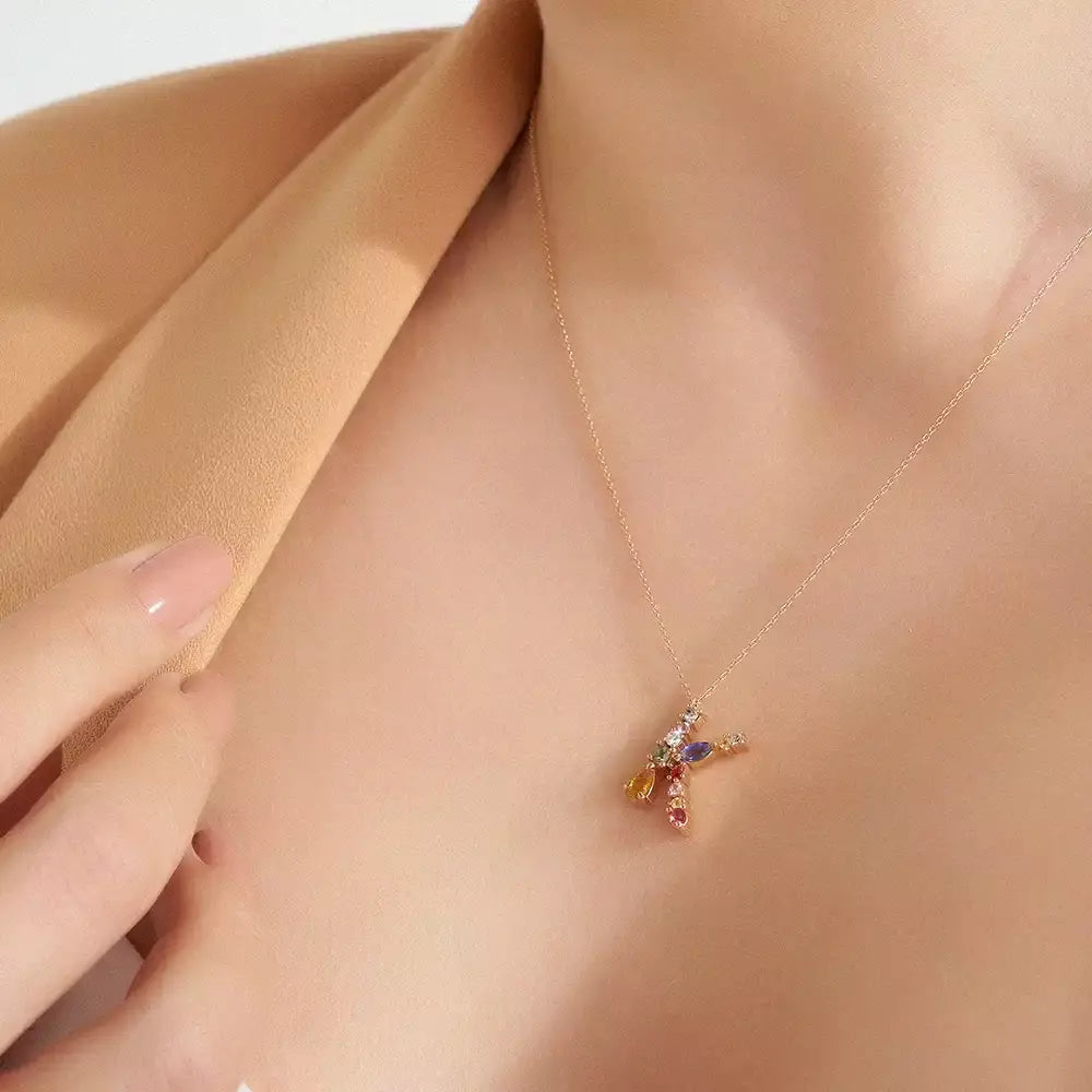 K Harf Brown Pırlanta ve Multicolor Safir Taşlı Rose Altın Kolye