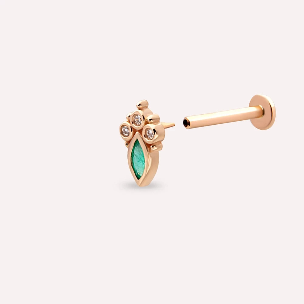 Kai Markiz Kesim Zümrüt ve Pırlanta Taşlı Rose Altın Piercing