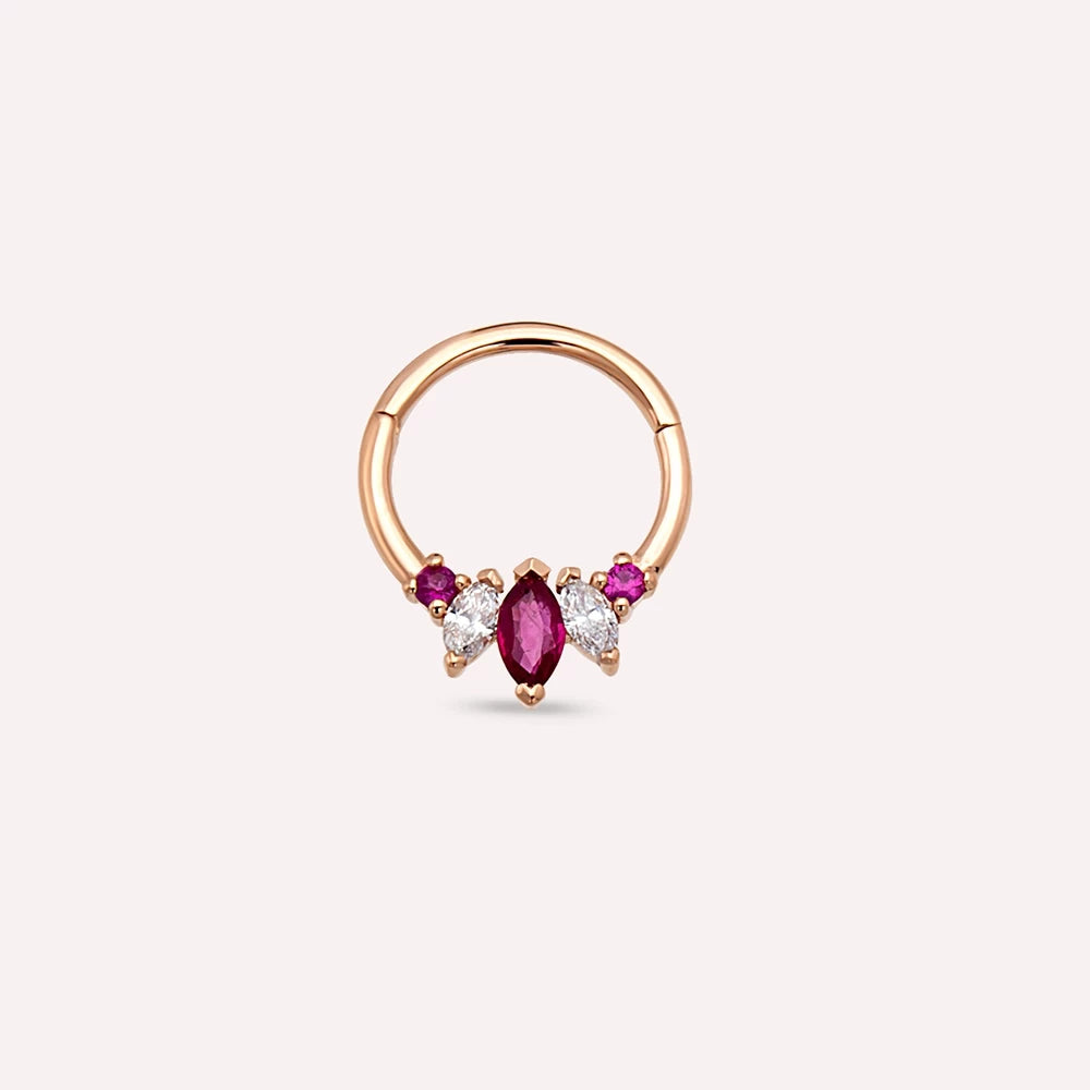 Karla Markiz Kesim Yakut ve Pırlanta Taşlı Rose Altın Halka Piercing