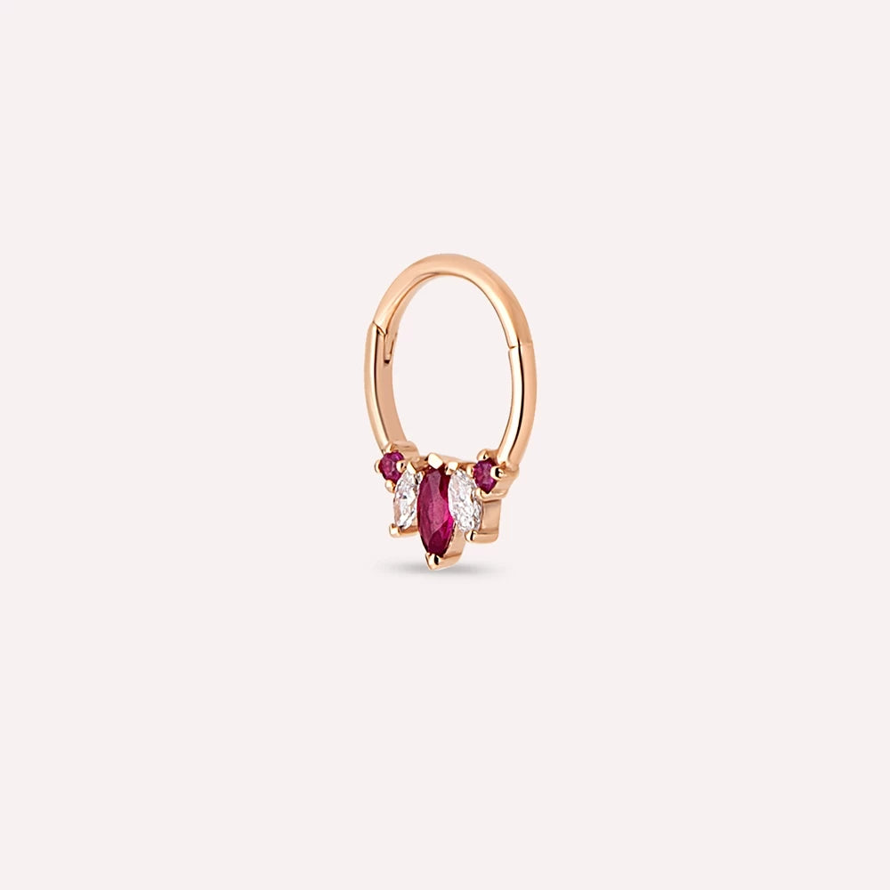 Karla Markiz Kesim Yakut ve Pırlanta Taşlı Rose Altın Halka Piercing