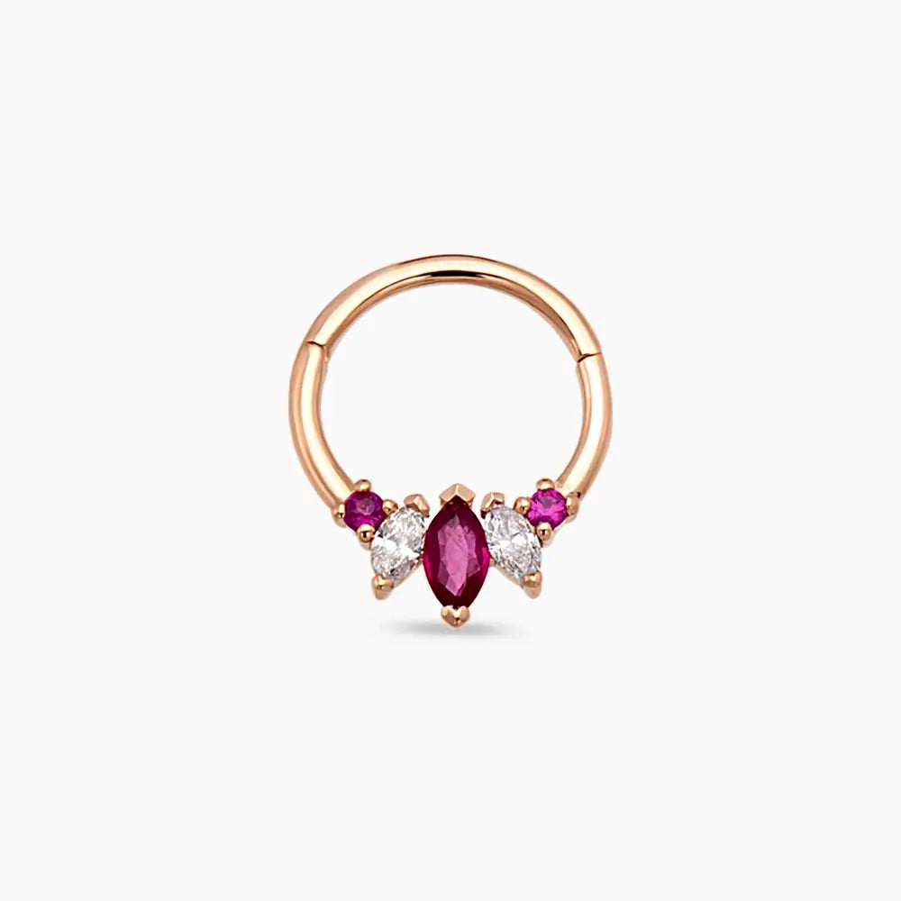 Karla Markiz Kesim Yakut ve Pırlanta Taşlı Rose Altın Halka Piercing