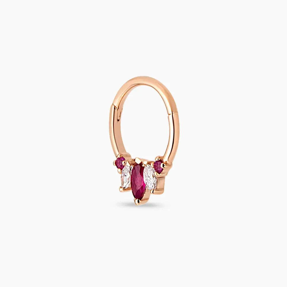 Karla Markiz Kesim Yakut ve Pırlanta Taşlı Rose Altın Halka Piercing