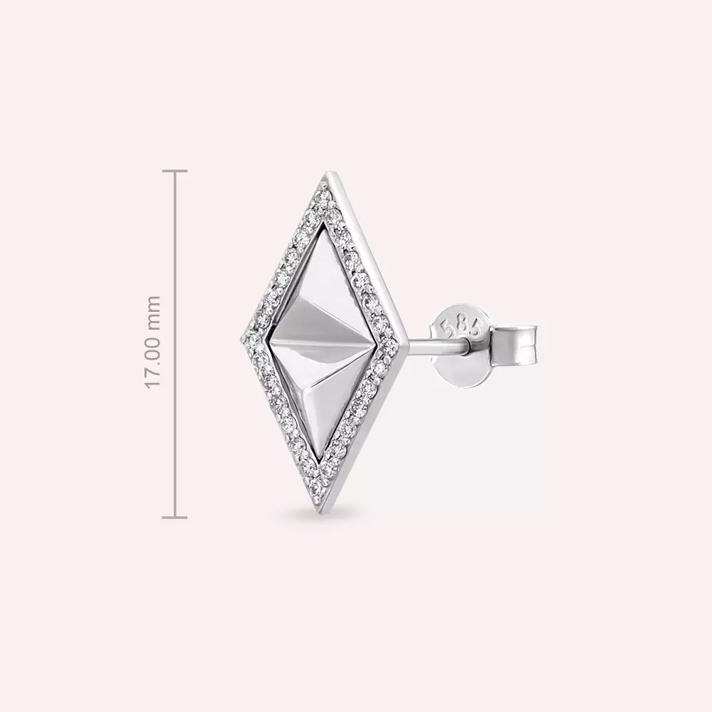 Rhomb Pırlanta Taşlı Beyaz Altın Tek Küpe