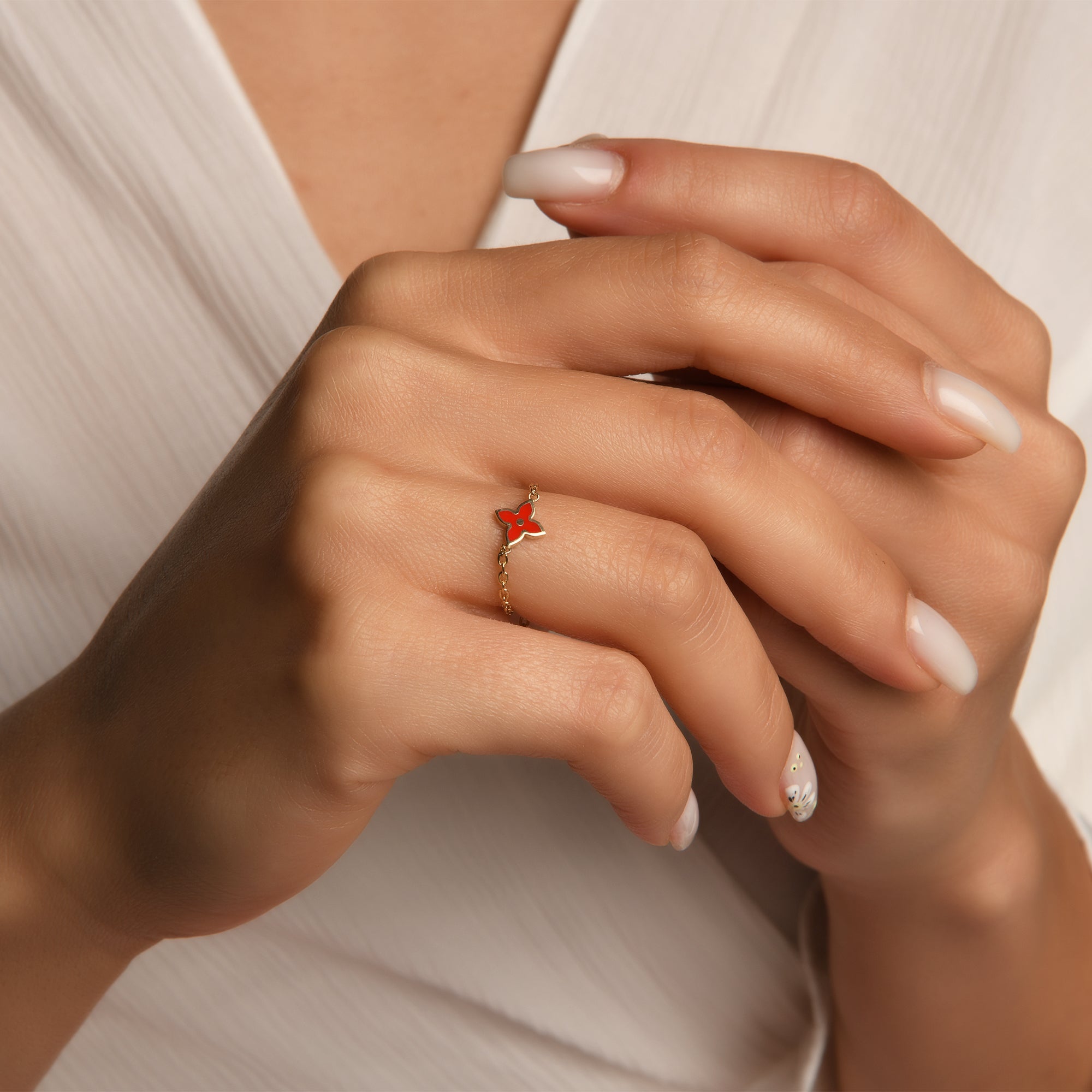 Cherry Mineli Çiçek Ayarlanabilir Zincirli Altın Yüzük (Çift Taraflı Kullanım)