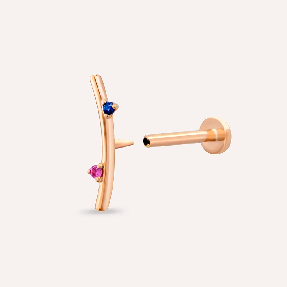 Koza Pink ve Blue Safir Taşlı Rose Altın Piercing