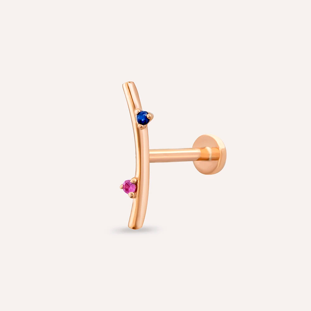 Koza Pink ve Blue Safir Taşlı Rose Altın Piercing