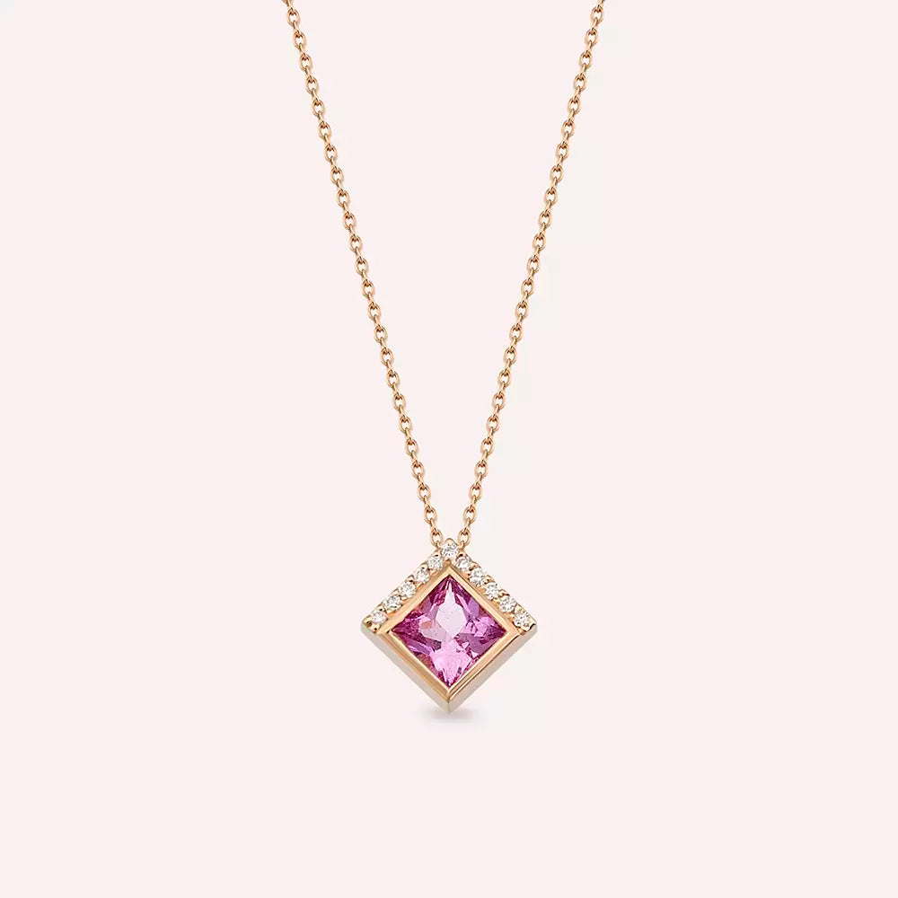 Kyra Pink Safir ve Pırlanta Taşlı Rose Altın Kolye