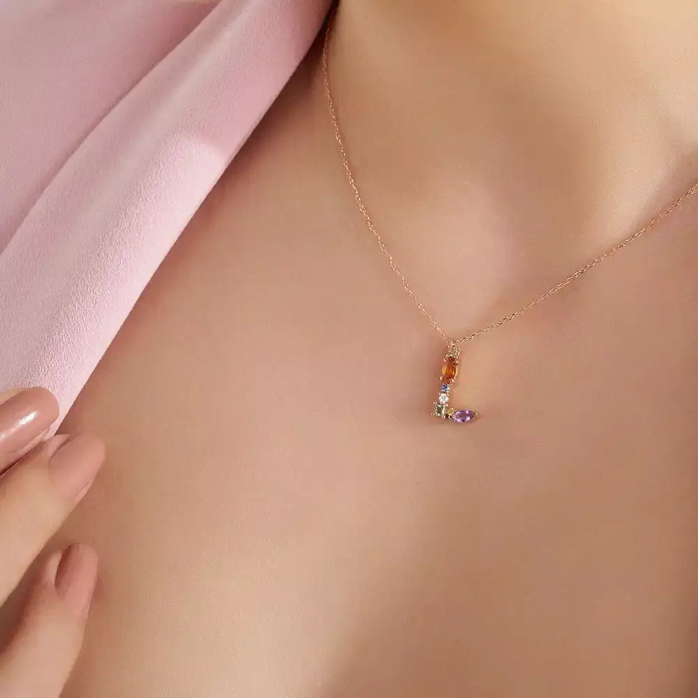 L Harf Brown Pırlanta ve Multicolor Safir Rose Altın Kolye