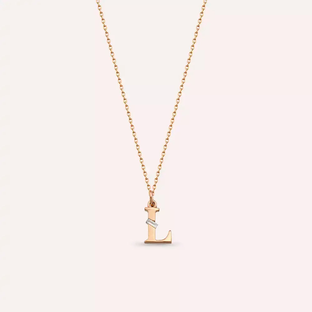 L Harf Pırlanta Taşlı Rose Altın Kolye