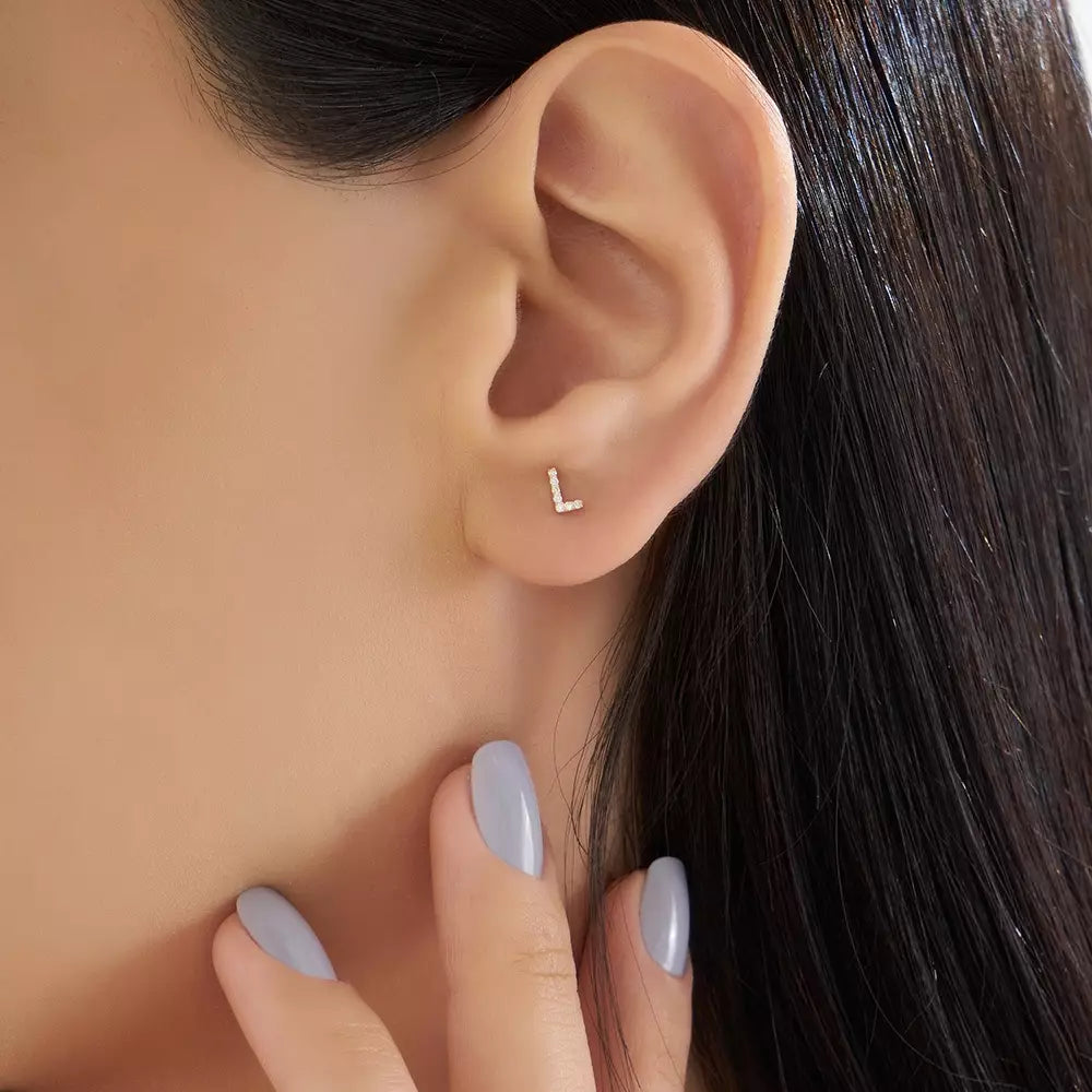 L Harf Pırlanta Taşlı Rose Altın Tek Küpe