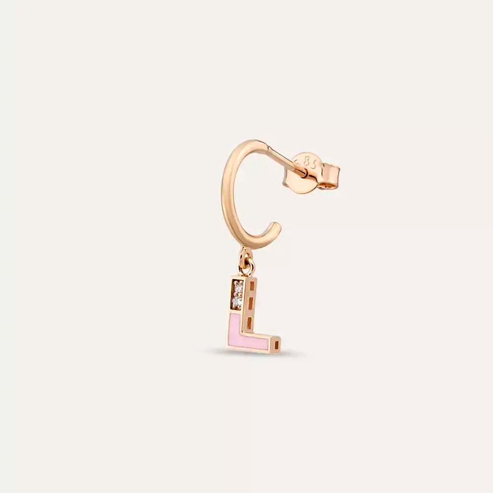 L Harf Pırlanta Taşlı ve Pembe Mineli Rose Altın Tek Küpe
