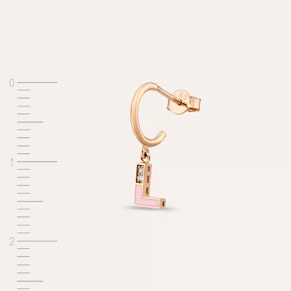 L Harf Pırlanta Taşlı ve Pembe Mineli Rose Altın Tek Küpe