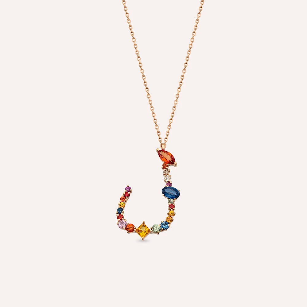 ل‎‎ Lam Harf 1.40 CT Pırlanta ve Multicolor Safir Taşlı Rose Altın Kolye