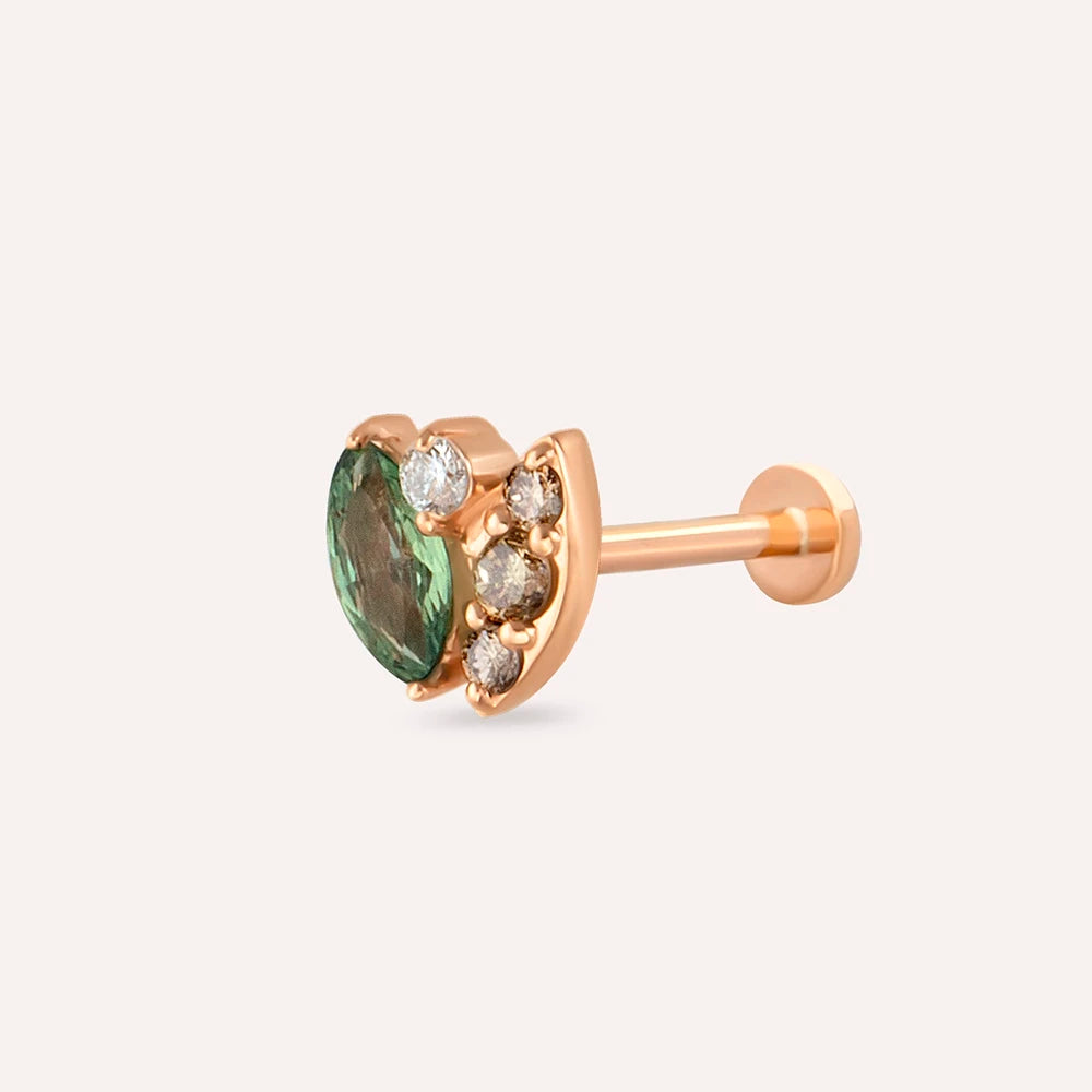 Laurel Green Safir ve Brown Pırlanta Taşlı Rose Altın Piercing