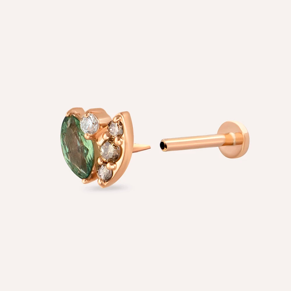 Laurel Green Safir ve Brown Pırlanta Taşlı Rose Altın Piercing