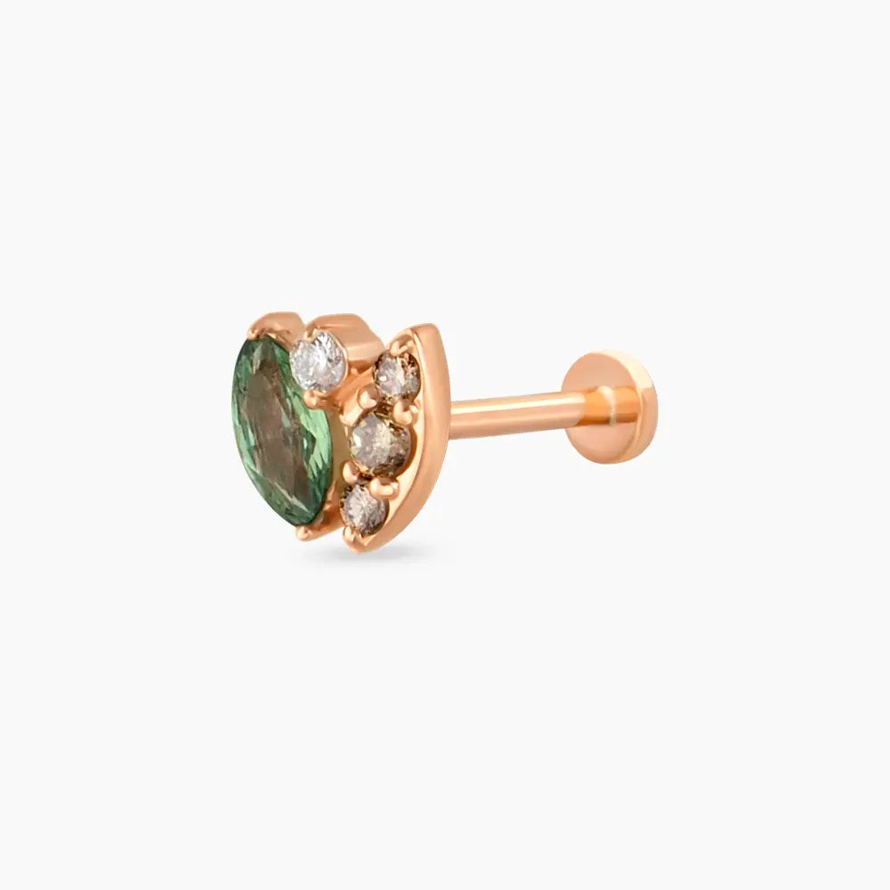 Laurel Green Safir ve Brown Pırlanta Taşlı Rose Altın Piercing
