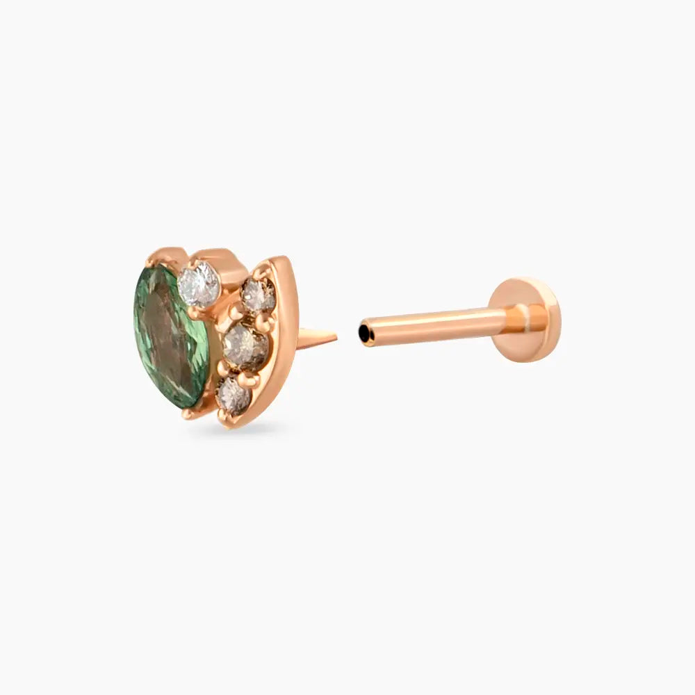 Laurel Green Safir ve Brown Pırlanta Taşlı Rose Altın Piercing