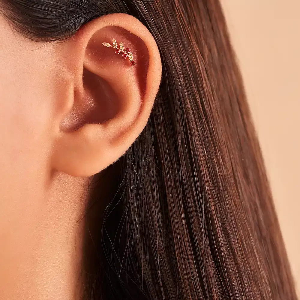 Laurel Yellow ve Red Safir Taşlı Rose Altın Piercing