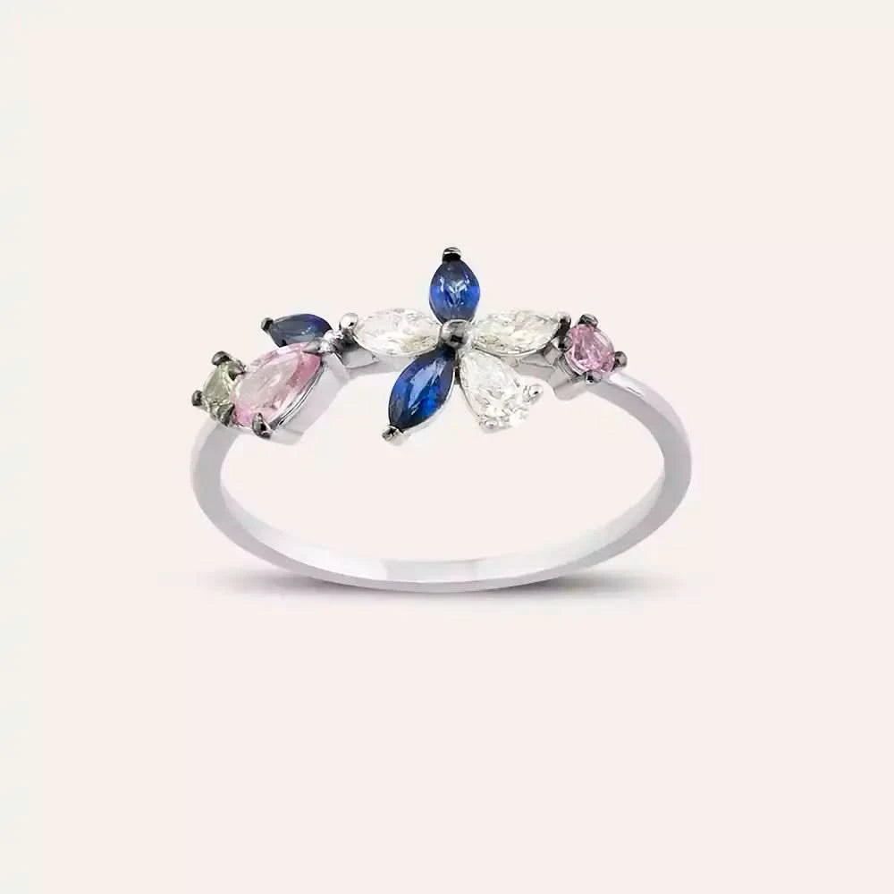 Lilia Multicolor Safir ve Pırlanta Taşlı Beyaz Altın Yüzük