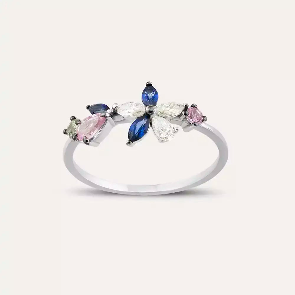 Lilia Multicolor Safir ve Pırlanta Taşlı Beyaz Altın Yüzük