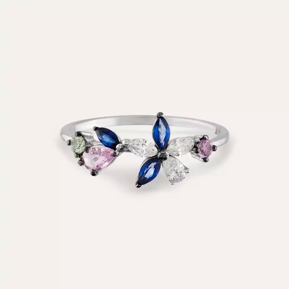 Lilia Multicolor Safir ve Pırlanta Taşlı Beyaz Altın Yüzük