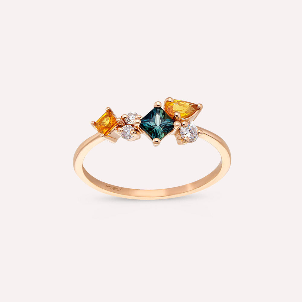 Lily 0.81 CT Multicolor Safir ve Pırlanta Taşlı Rose Altın Yüzük