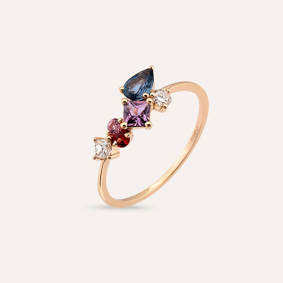 Lily 0.89 CT Multicolor Safir ve Pırlanta Taşlı Rose Altın Yüzük
